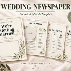 Può includere: Un modello di giornale di nozze di quattro pagine con illustrazioni botaniche di rami d'ulivo. Il testo include "Wedding Newspaper," "We're Getting Married!," "Our Love Story," "The Wedding Day," e "Fun & Memories" con campi modificabili.