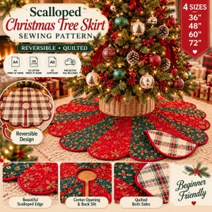 Peut inclure: Un patron de couture pour jupe de sapin de Noël réversible et matelassée avec un bord festonné. Le modèle présente une ouverture centrale et une fente arrière, avec un côté à motif houx rouge et vert et l'autre à carreaux en 91, 122, 152 et 183 cm.