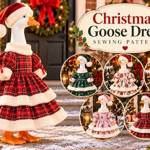 May include: A sewing pattern for a Christmas goose dress featuring a white goose wearing a red plaid dress with white faux fur trim and a matching hat. The image includes text reading Christmas Goose Dress SEWING PATTERN.