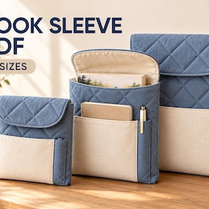 May include: Three quilted book sleeves in varying sizes, featuring a blue diamond-patterned exterior with a cream-colored front pocket. The text "BOOK SLEEVE PDF" and "3 SIZES" is visible. Each sleeve has a flap closure and a pen holder.