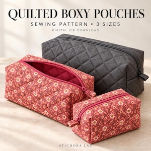May include: Three quilted boxy pouches in a sewing pattern digital zip download. One large dark gray pouch and two smaller pouches with a red floral daisy print. Each pouch features a zippered closure and a structured rectangular shape.
