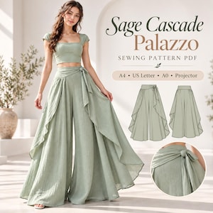 May include: A Sage Cascade Palazzo sewing pattern PDF featuring a sage green crop top and wide-leg pants with a wrap-style overlay. The text reads Sage Cascade Palazzo SEWING PATTERN PDF A4 US Letter A0 Projector. Includes technical line drawings.