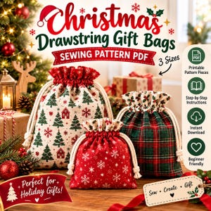 Christmas Drawstring Gift Bag Sewing Pattern PDF, 3 Sizes, Beginner Tutorial, Reusable Fabric Wrap