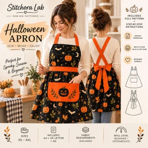 Può includere: Un cartamodello per un grembiule di Halloween di Stitchora Lab. Il grembiule presenta un tessuto nero con zucche, pipistrelli e foglie arancioni, e una tasca arancione tinta unita con una grafica di una zucca di Halloween nera.