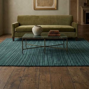 Emerald Green Wool Area Rug with Organic Line Pattern, Hand Tufted Modern Teal Abstract Rug for Living Room, Minimalist Wood Grain Carpet