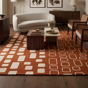 Terracotta Wool Area Rug with Cream Rounded Rectangle Pattern Hand Tufted Retro Mid Century Geometric Rug for Living Room Rust Modern Carpet