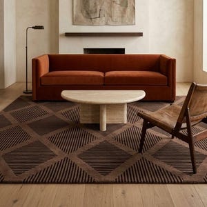 Chocolate Brown Wool Area Rug with Diamond Lattice Pattern, Hand Tufted Striped Geometric Rug for Living Room Bedroom, Mocha Taupe Carpet