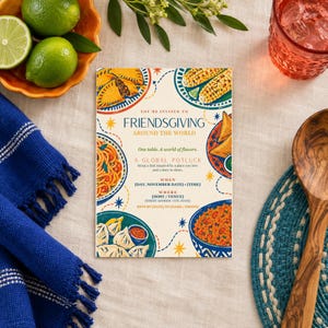 May include: A rectangular Friendsgiving invitation card featuring colorful illustrations of global dishes like empanadas, corn, pasta, and dumplings. The text reads: You're invited to Friendsgiving Around the World, A Global Potluck.