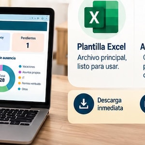 Könnte beinhalten: Ein Laptop zeigt ein Dashboard für 2026 mit Urlaubsdaten, Balkendiagrammen und einem Kreisdiagramm. Daneben befinden sich Symbole für eine Excel-Vorlage, eine Beispieldatei und eine PDF-Anleitung sowie Symbole für den Sofort-Download.