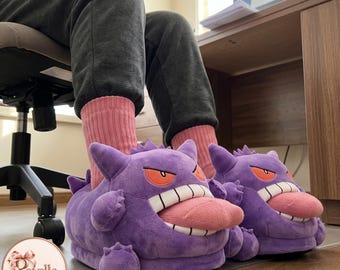 Gengar Plush Slippers, Purple Pokémon House Shoes, Funny Gamer Gift