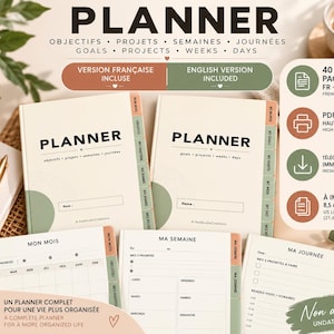 Peut inclure: Un ensemble de planificateurs numériques avec des pages non datées pour les objectifs, projets, semaines et journées. Le design présente des couvertures crème avec des accents vert sauge, des onglets et des pages imprimables de 21,6 x 27,9 cm.