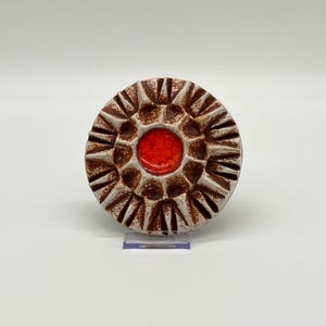 Buchtal Ceramic Sunburst Dish, Brown and Cream Sculptural Relief with Orange Glazed Centre, German Pottery, 150 mm