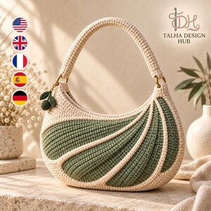 Crochet Crescent Bag Pattern PDF, Verdant Arc Pleat-Effect Shoulder Purse with Raised Fan Texture, Intermediate Handmade Handbag Tutorial