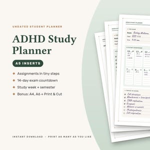 ADHD Study Planner Inserts, A5 Undated Student Planner with Assignment Tracker and Exam Countdown