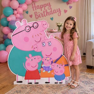 Könnte beinhalten: Ein großer, flacher Pappaufsteller mit der Peppa Wutz Familie, bestehend aus Papa Wutz, Mama Wutz, Peppa, Schorsch und einem Baby. Die Figuren sind in ihren typischen rosa Farben und verschiedenen Outfits dargestellt und stehen zusammen als Gruppe.