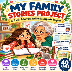 Op de afbeelding: Een 40-pagina tellend My Family Stories Project boek met een jong persoon die naast een ouder persoon in een notitieboek schrijft. De omslag bevat de tekst My Family Stories Project, A Family Interview, Writing & Keepsake Project en iconen voor interview, listen, write, revise, create, remember.