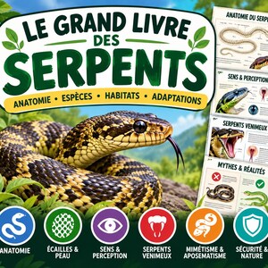 以下が含まれることがあります： Le Grand Livre des Serpentsというタイトルの本で、表紙には黄色と黒の模様の大きなヘビが描かれています。表紙には解剖学、種、生息地、適応に関するテキストが含まれており、ヘビの生物学を示す小さな挿入ページが添えられています。