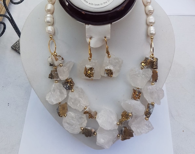 White crystal quartz necklace with druzy copper plated effect beads