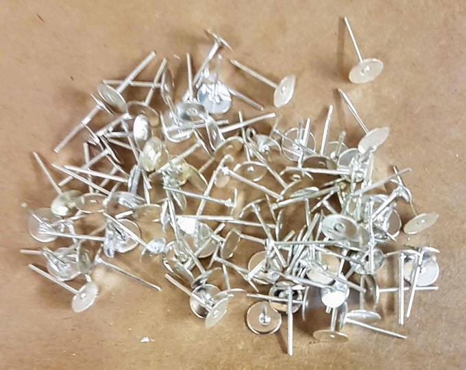7mm silver plated earring flatback finding with 12mm  post. 12 in pack.
