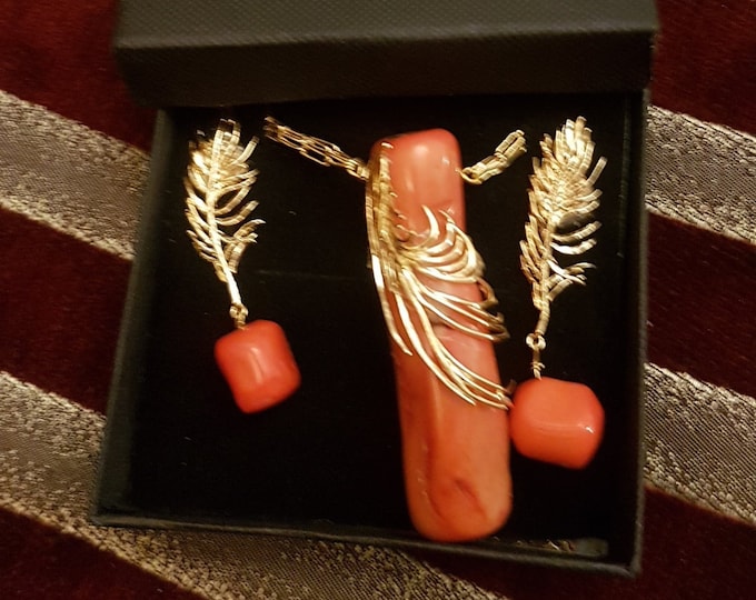 Coral Pendant Necklace with Gold Chain and Earrings