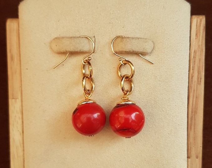 12mm  Real red coral earrings. Simple and dynamic. Hooks are gold-filled.