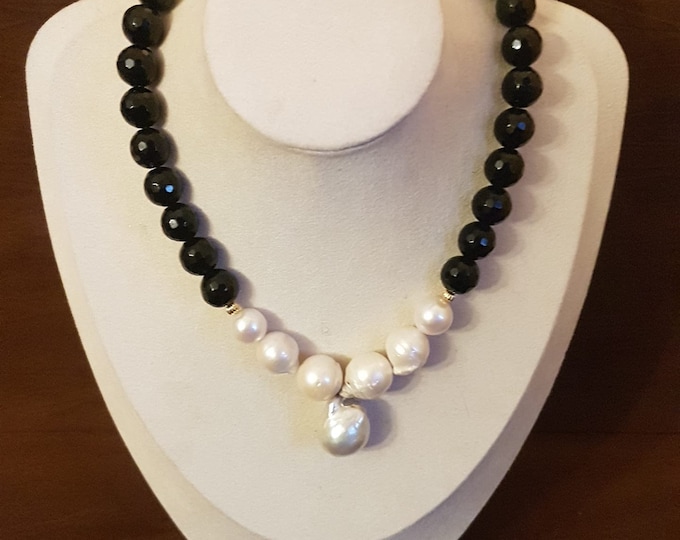 Black Jade Beaded Necklace with Baroque Cultured Pearls