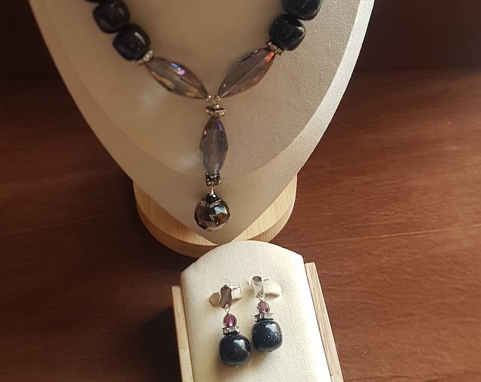 Blue goldstone  chunky beaded necklace. Vitrail and black shadow crystals. Huge striking pendant.