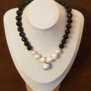 Black jade  beads with 5 graduated baroque cultured pearls front detail. Gift for her. 28x 15mm largest front pearl, Baroque pearls may vary