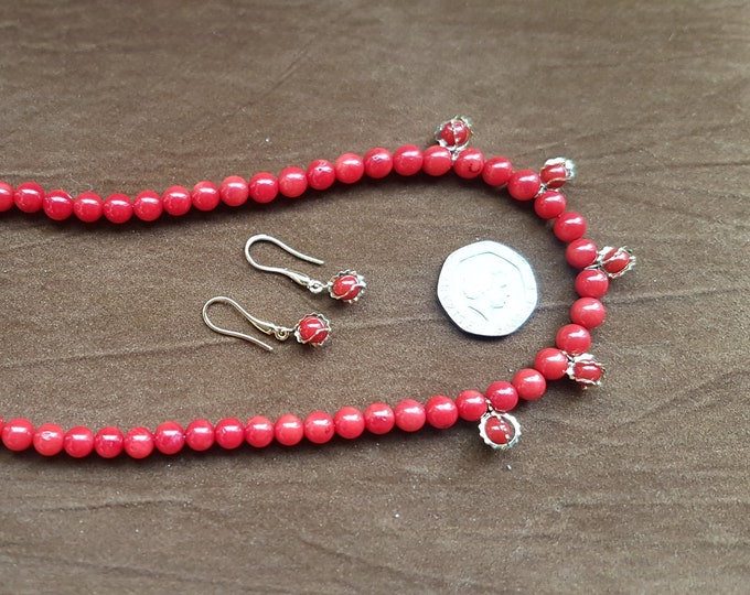 Red Coral Beaded Necklace & Earrings Set - 5mm Beads, 16 Inch