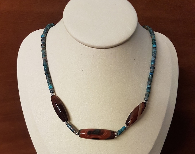 Turquoise & Brown Agate Men's Necklace: Gemstone Beaded Jewelry