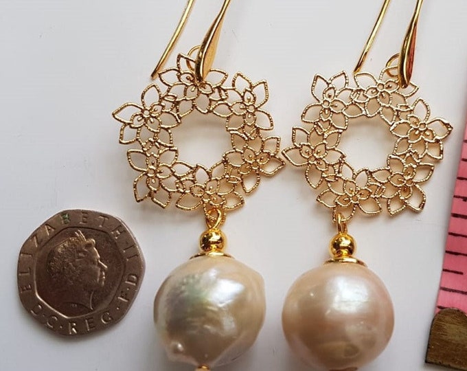Baroque Pearl Dangle Earrings: Gold Floral Statement Earrings