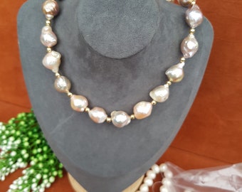 Baroque Freshwater Pearl Necklace & Earring Set: Gold Brass, 18-inch