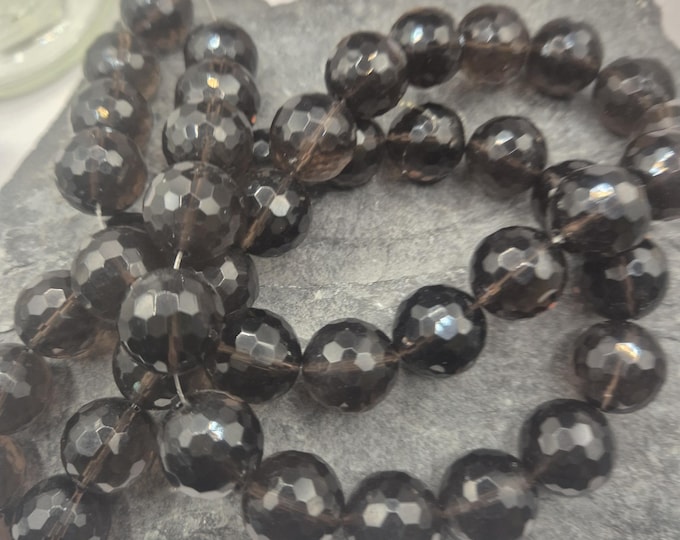 Smoky Quartz Faceted Beads: 15mm Round Gemstone Beads, 24 Strand