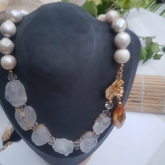 Baroque Pearl necklace with side pendant - dare to be different. Gift for her. A very unique bridal gift.  Statement piece.