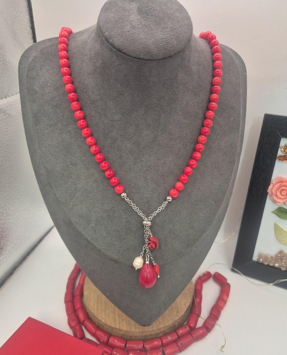 Red Coral Beaded Necklace, Rose Pearl Teardrop Detail, Romantic Valentine Gift