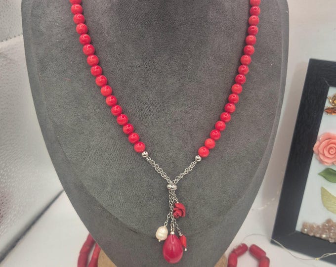 Red Coral Beaded Necklace, Rose Pearl Teardrop Detail, Romantic Valentine Gift