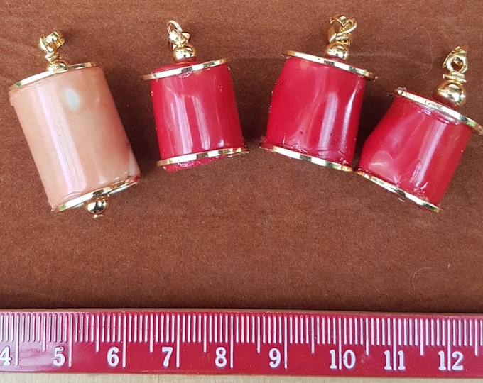 Dyed Coral Barrel Pendant: Vintage Red or Salmon with Gold Trim