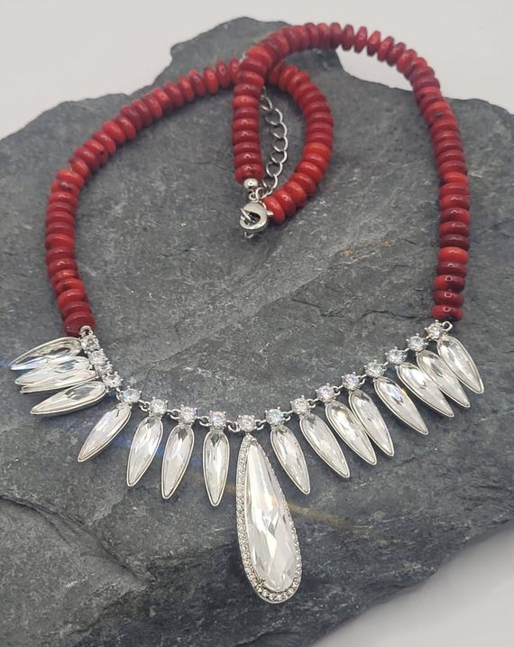 Red coral and crystal necklace. Crystal teardrops pendant feature. The perfect valentine's gift for that special someone. A unique gift!