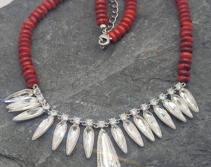 Red Coral Necklace: Swarovski Crystal Teardrop Pendant.