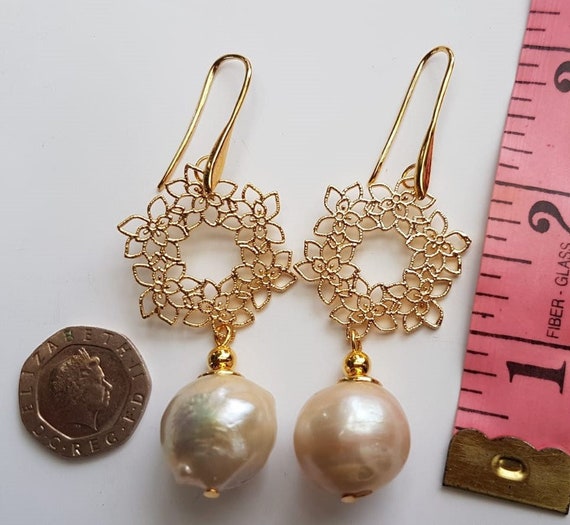 Large statement Pearl (or onyx) earrings, baroque dangling gold with floral detail. Any celebration gift for her. Unique and beautiful.