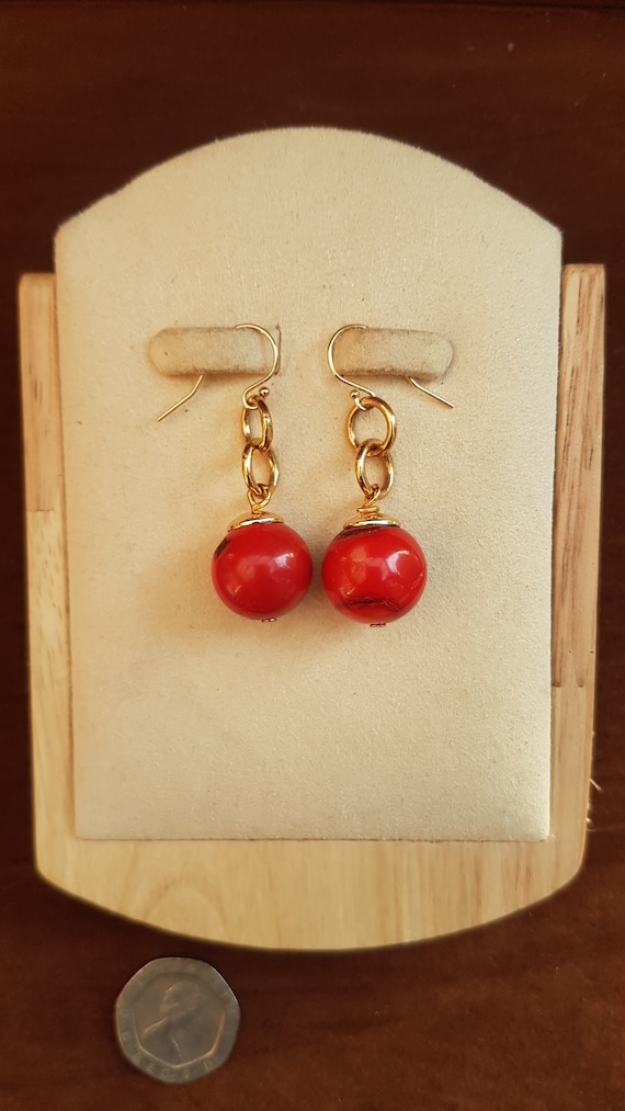12mm  Real red coral earrings. Simple and dynamic. Hooks are gold-filled.