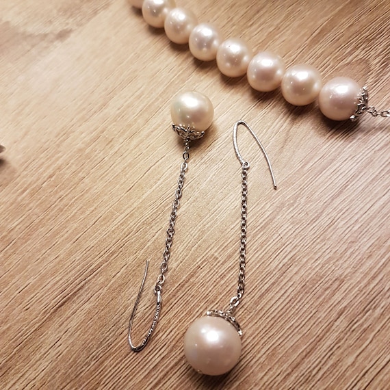12mm pearl earrings. Freshwater pearl and silver dainty drop. Valentine or Weddings gift. Exquisite!