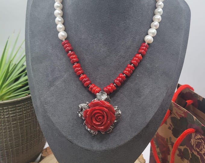 Red Coral and Pearl Beaded Necklace: Rose Pendant, 16" Valentine's Gift