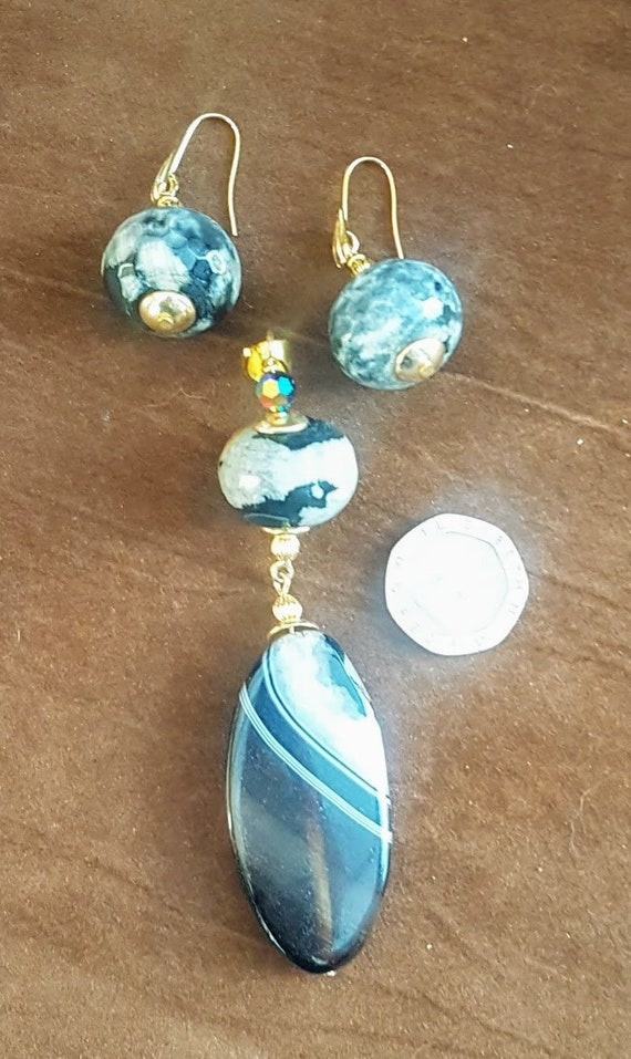 Botswanan agate and pale yellow fire agate beads.