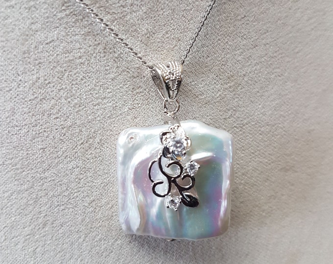 Square Baroque Pearl Pendant: AA+ Grade Sterling Silver Bail