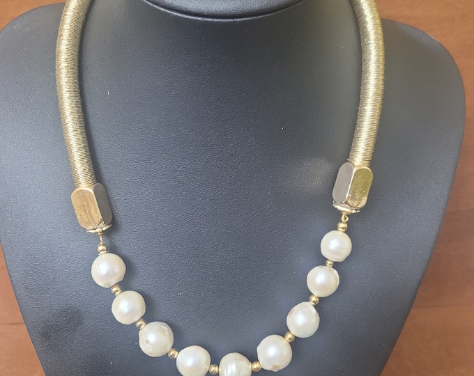 Baroque Freshwater Pearl Necklace: Golden Yarn Tube, Adjustable Length