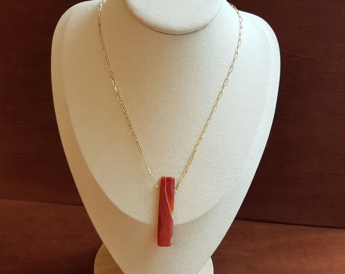Rectangular Carnelian Pendant: Polished Gemstone Necklace