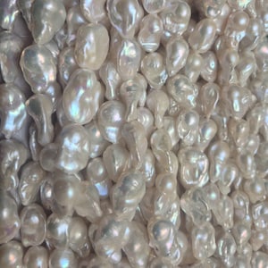 May include: A close-up of a collection of irregularly shaped, white pearls. The pearls have a smooth, iridescent surface with hints of rainbow colours. The pearls are clustered together, filling the frame.