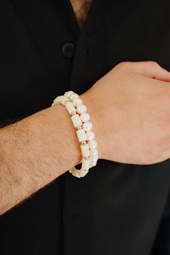 White Coral Bracelet for Men: Sterling Silver Accents, Adjustable Fit