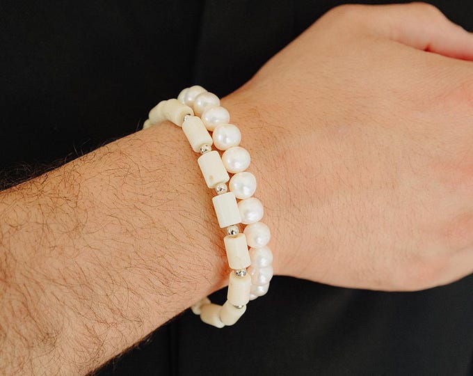 White Coral Bracelet for Men: Sterling Silver, Adjustable